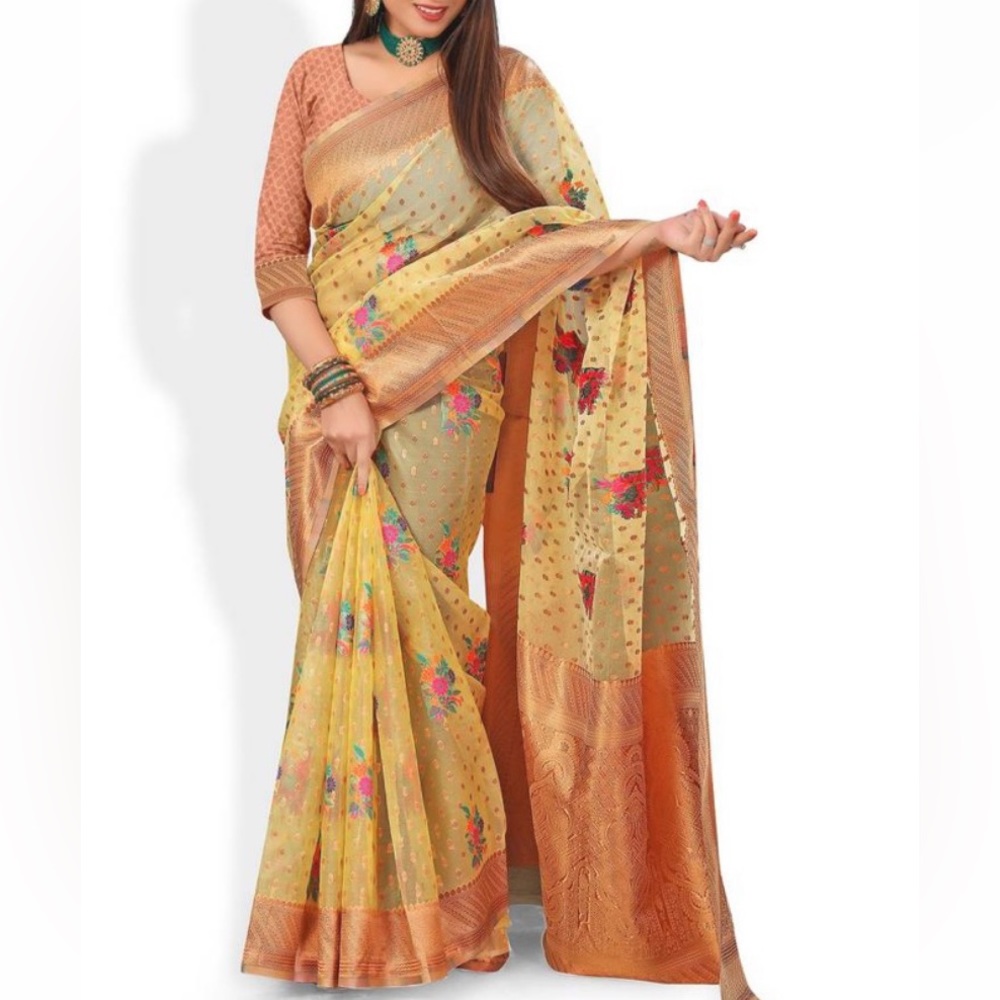Saree. Saree set with blouse and peticoat. Falls and pico done.